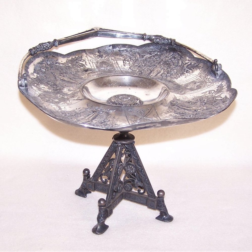 Antique Victorian Silverplate Cake Basket with Handle - Grecian Lady Design